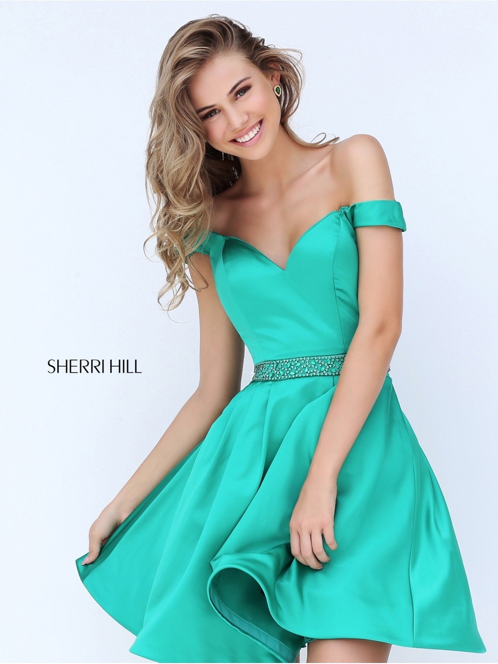 Sherri Hill Dress 50815 Satin off-the-shoulder sweetheart cocktail A-line dress